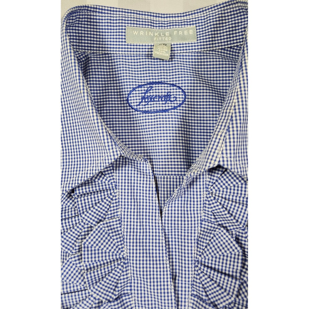 Foxcroft Blue Gingham Ruffle Front Wrinkle Free 3/4 Sleeve Button Shirt 18 0033 - Picture 2 of 10